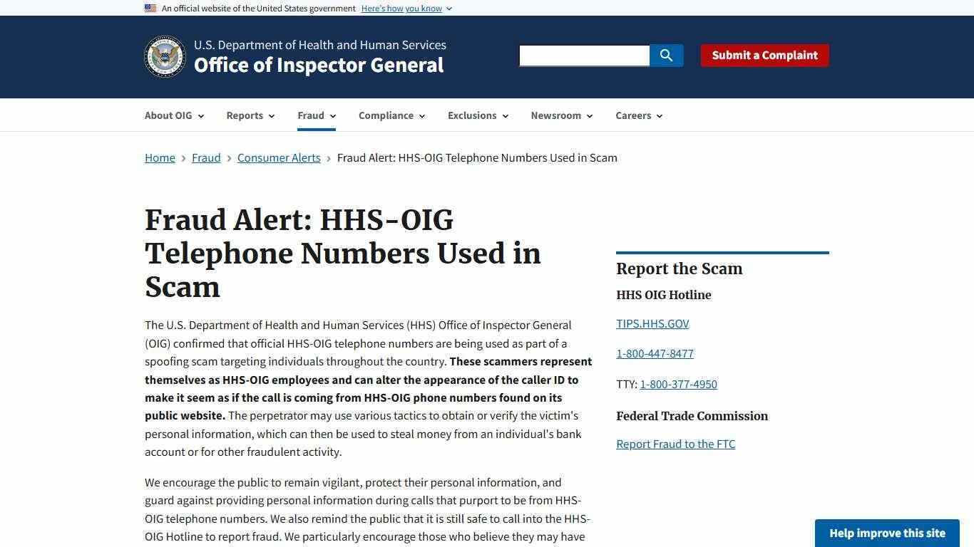 HHS-OIG Telephone Numbers Used in Scam | Office of Inspector General | Government Oversight | U.S. Department of Health and Human Services